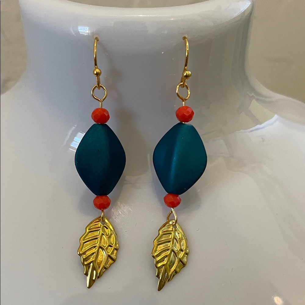 Elegant Gold and Blue Leaf Drop Earrings